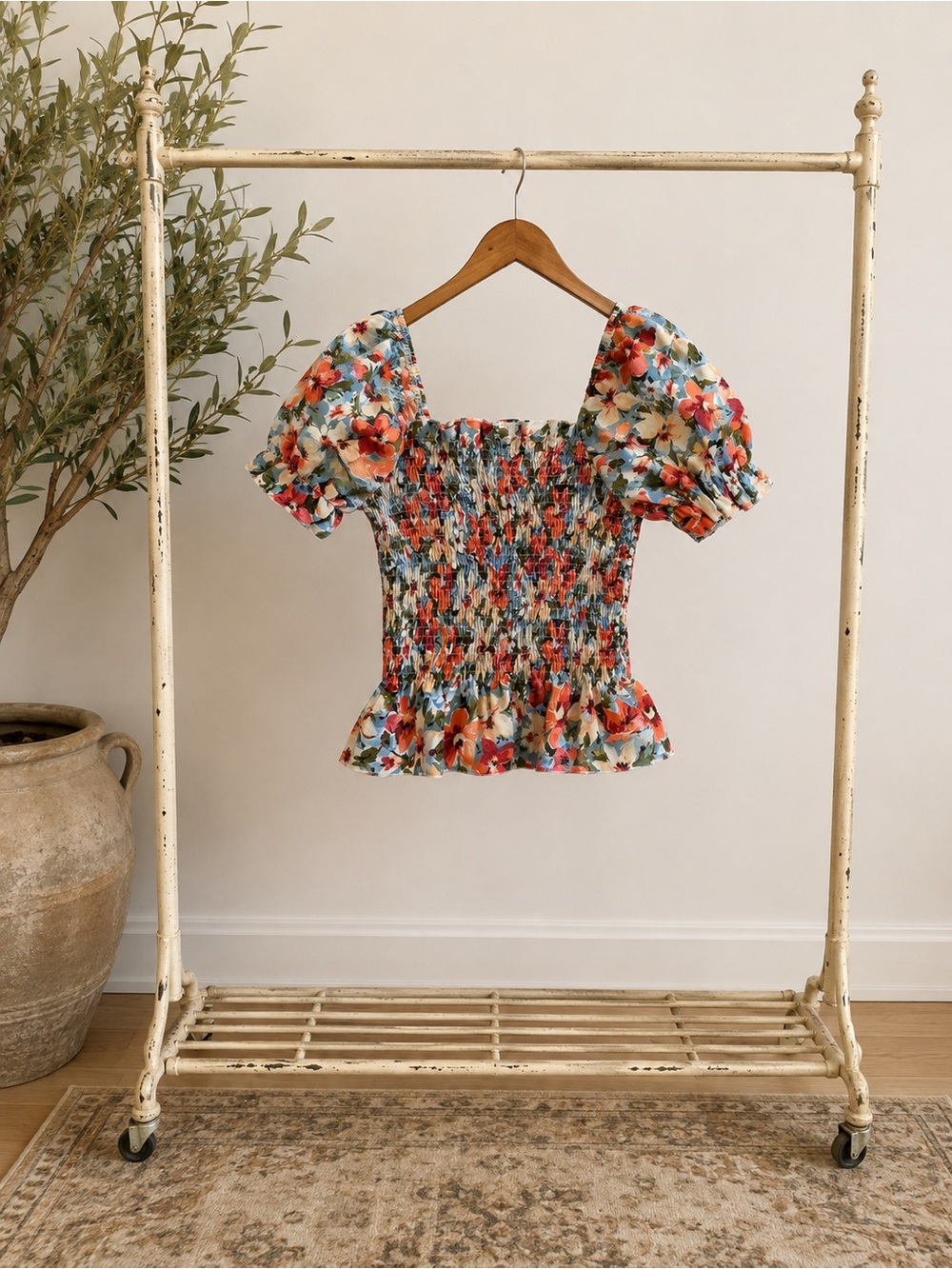 Floral Smocked Puff-Sleeve Top in Multicolor